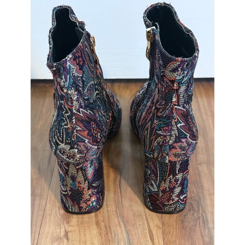 NICOLE MILLER Artelier gold red blue jacquard cloth chunky heeled booties boots - Picture 6 of 9